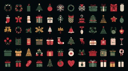 Christmas and New Year holiday icon big set, flat style collection vector illustration