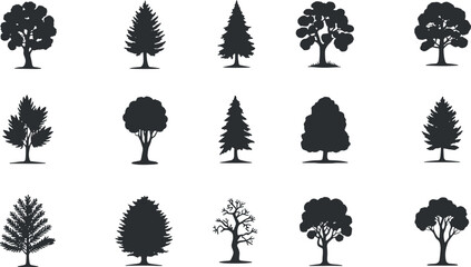 Collection of Diverse Tree Silhouettes Featuring Evergreen and Deciduous Forests