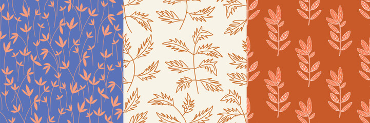Set of three Seamless Botanical Leaf Patterns in Contrasting Colors
