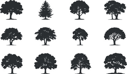 Variety of Tree Silhouettes in Different Shapes for Nature and Seasonal Design Elements