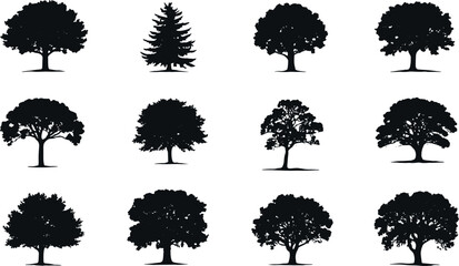 Collection of diverse tree silhouettes