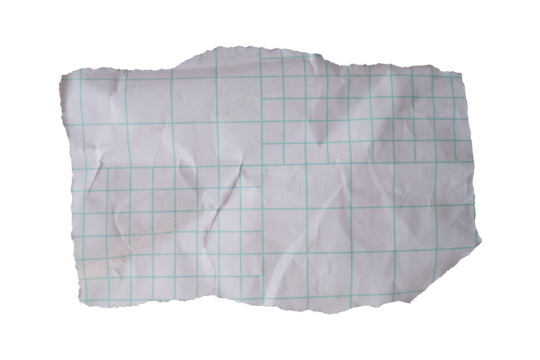Torn crumpled grid paper fragment with graphic lines for text isolated on transparent background