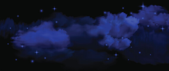 Blue realistic night sky nebula smoke effect background. Abstract foggy texture with shining stars