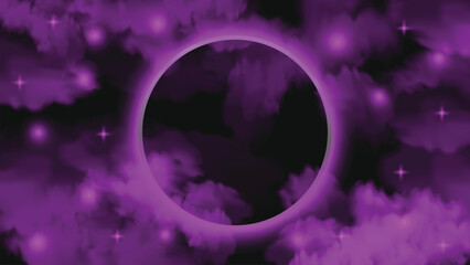 Glowing neon round frame with pink fog effect and glittering particles background