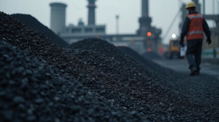 Piles of dark granular coal with industrial plant backdrop worker overseeing