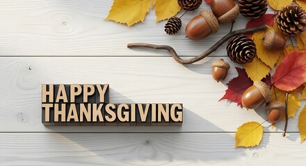 Happy Thanksgiving wooden text with autumn leaves and acorns on a white wooden background, celebrating the fall season and holiday