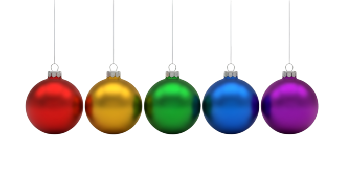 Five Colorful Christmas Ornaments Hanging on Black Background Keywords: Christmas, ornament