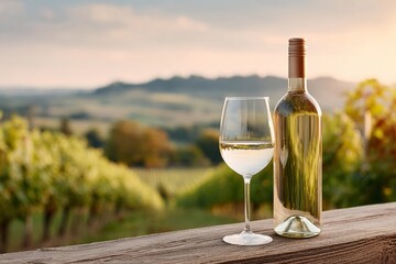 White wine bottle at sunset vineyard