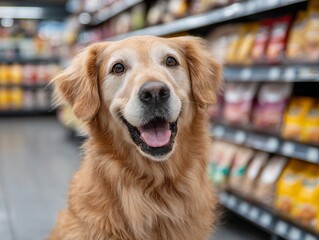 Golden retriever with pet food in store