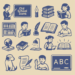 Retro-style education icons featuring children reading, writing, studying, and school elements. Vintage monochrome illustration suitable for learning, teaching, and back-to-school themes.
