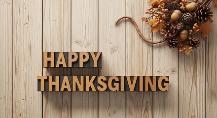 Rustic 'Happy Thanksgiving' message spelled out with wooden block letters on a charming wood background, adorned with autumn decorations