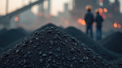Piles of dark granular coal with industrial plant backdrop worker overseeing