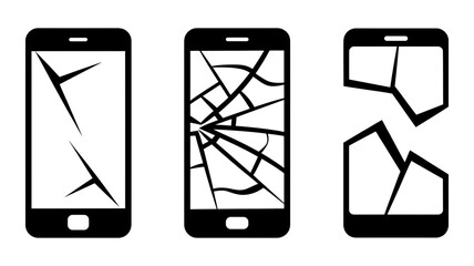 Illustrative set of three distinct smartphone icons portraying screens with varying degrees of cracks and one device completely broken apart, repair.