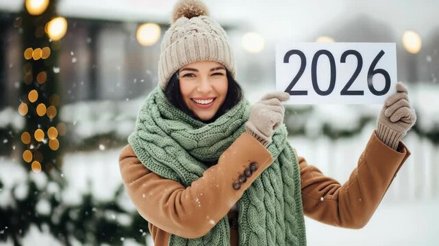 Woman smiling holding card with year 2026 wearing winter clothes, snowy outdoor backdrop with festive lights, representing future celebration and happy anticipation. - Powered by Adobe