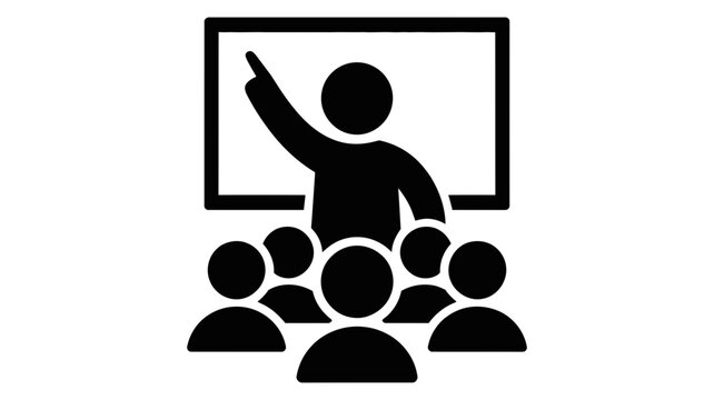Teacher or speaker presenting to a diverse group of students or audience in a classroom or seminar setting, pointing at a whiteboard