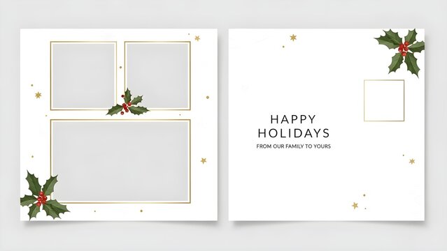 Elegant Happy Holidays postcard template with a three-photo collage layout, holly berry illustrations, and gold accents.