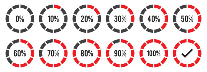 infographic and Progress, download, and upload, percentage meter with scale from 5 to 100. Vector