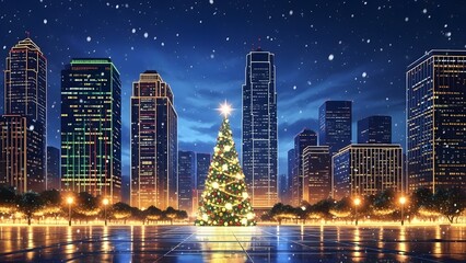 A glowing Christmas tree illuminates a modern city skyline on a snowy winter night.