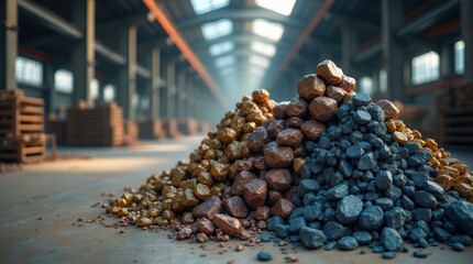 Piles of rare earth elements and metallic ores in industrial warehouse, raw materials for tech, electronics, renewable energy