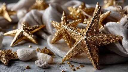 A beautiful minimalist pattern featuring gold Christmas stars on a smooth beige silk fabric, adding a touch of elegance to any design project. 