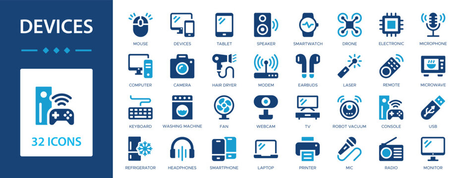 Devices flat icons collection. Tablet, computer, camera, TV, laptop, USB, smartphone, microwave, hair dryer, remote, radio, earbuds sign set.