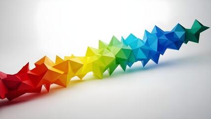 A vibrant, rainbow-colored chain of folded paper polyhedra arranged diagonally on a clean white background.