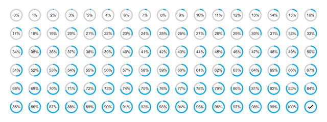Round loading progress icons from 1 to 100. Vector illustration. Loading progress bar or infographic element.