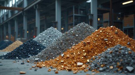 Piles of rare earth elements and metallic ores in industrial warehouse, raw materials for tech, electronics, renewable energy