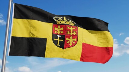 The official flag of the Kingdom of Belgium featuring a vertical tricolor of black yellow and red with the national coat of arms prominently displayed in the center waving proudly against a clear blu.