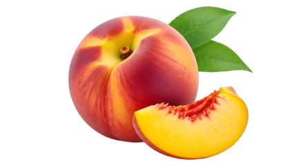 Ripe Nectarine with a Slice and Green Leaves Keywords: Nectarine, fruit, peach, stone fruit, red