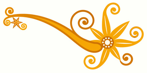 Decorative stylized flower vector illustration with swirling petals and long flowing stem in warm orange and gold tones