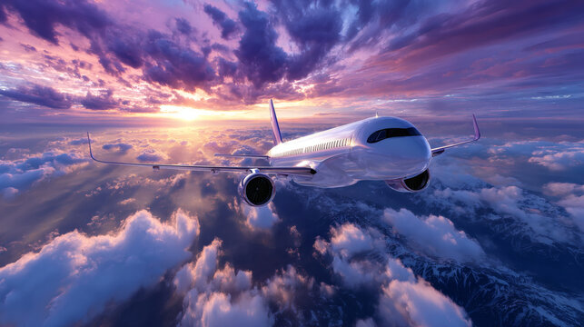 Generic jet passenger plane, flying over the clouds with sunset in the background