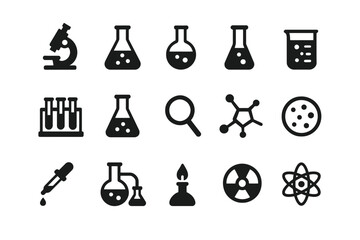 Scientific icons set: microscope, beaker, test tubes, molecule, atom, flasks