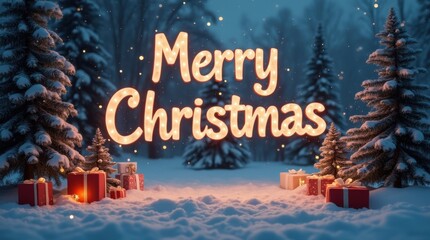 Playful holiday greeting Merry Christmas text amid glowing snow trees cozy gifts