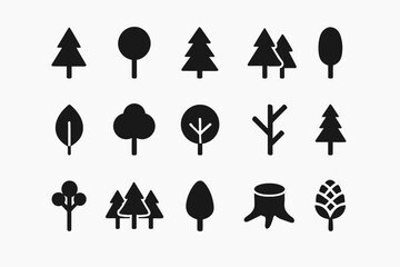 Various tree and plant icons in simple monochrome design