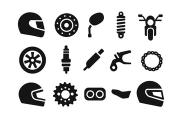 Set of motorcycle parts and accessories icons in black silhouette style