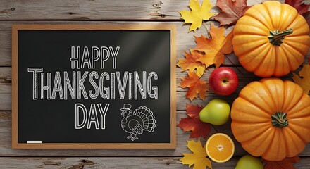 Chalkboard 'Happy Thanksgiving Day' with turkey, surrounded by pumpkins, fruits, and colorful fall leaves on rustic wooden background