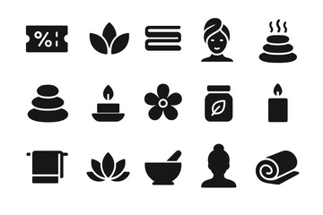 Spa and wellness icons featuring candles, flowers, and relaxation elements