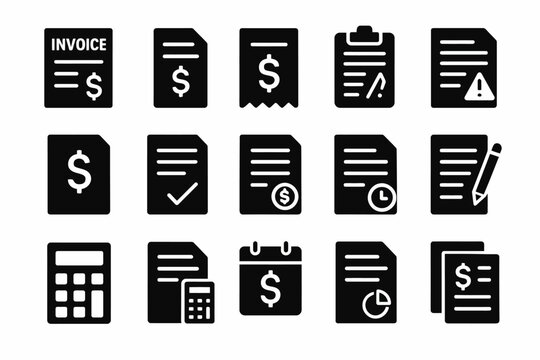 Finance and accounting icons: invoice, dollar signs, calculator, checklists