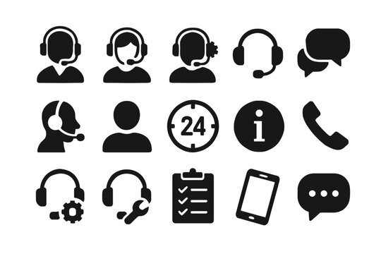 Customer support icons: headsets, chat bubbles, 24-hour service, information