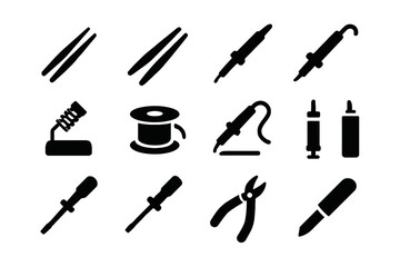 Obraz premium Collection of black soldering tools and equipment icons on white background