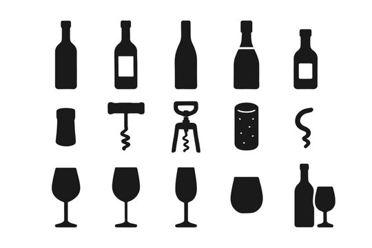 Silhouette icons of wine bottles and glasses with corkscrews - Powered by Adobe