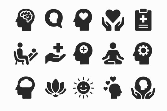 Mental health icons set: brain, heart, mindfulness, therapy, support