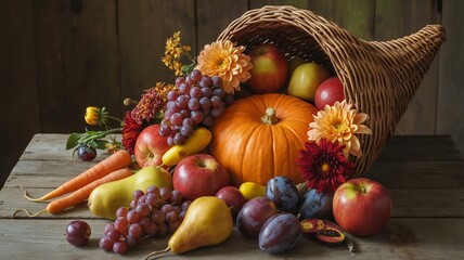 Abundant cornucopia overflowing with autumn harvest featuring fruits vegetables and flowers a symbol of Thanksgiving and abundance