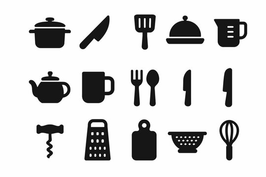 Silhouette icons of kitchen utensils: knife, pot, grater, whisk, and more essential tools