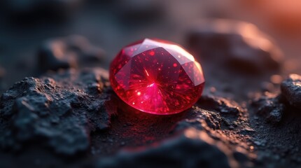 Naklejka premium Red sapphire gemstone sparkling vivid color on dark rock surface soft lighting