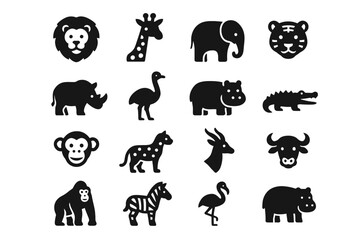 Fototapeta premium Silhouette icons of african wildlife animals including lion, elephant, gorilla, zebra, giraffe