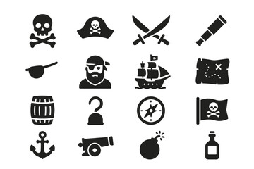 Pirate icon set: skulls, swords, compass, pirate ship, anchor, map, cannon, telescope
