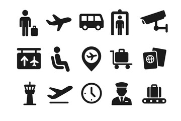 Travel icons: airport, airplane, luggage, passports, security, clock, tower, bus
