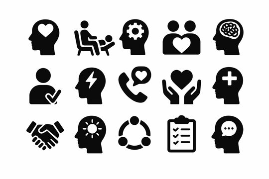 Icon set representing mental health, communication, and support concepts